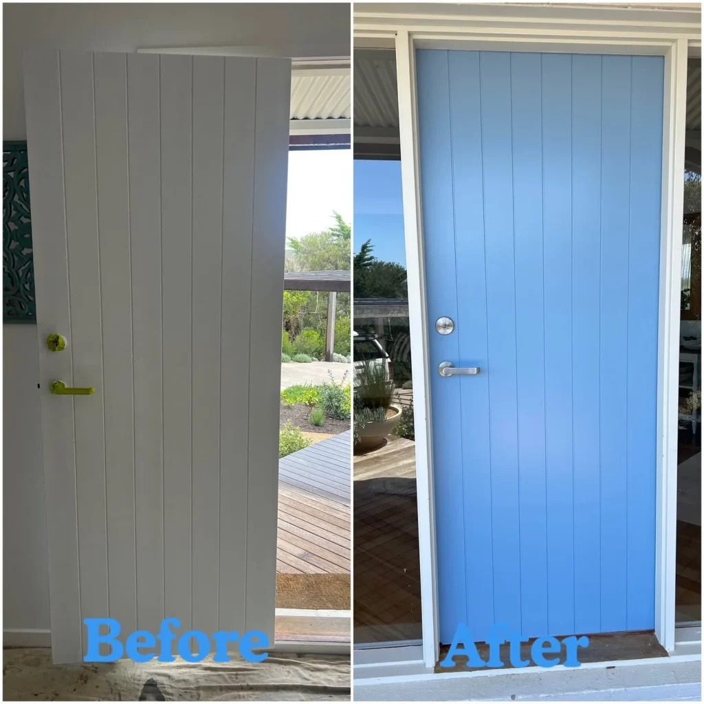 Feature door painting before and after white to sky blue Fairhaven Painting