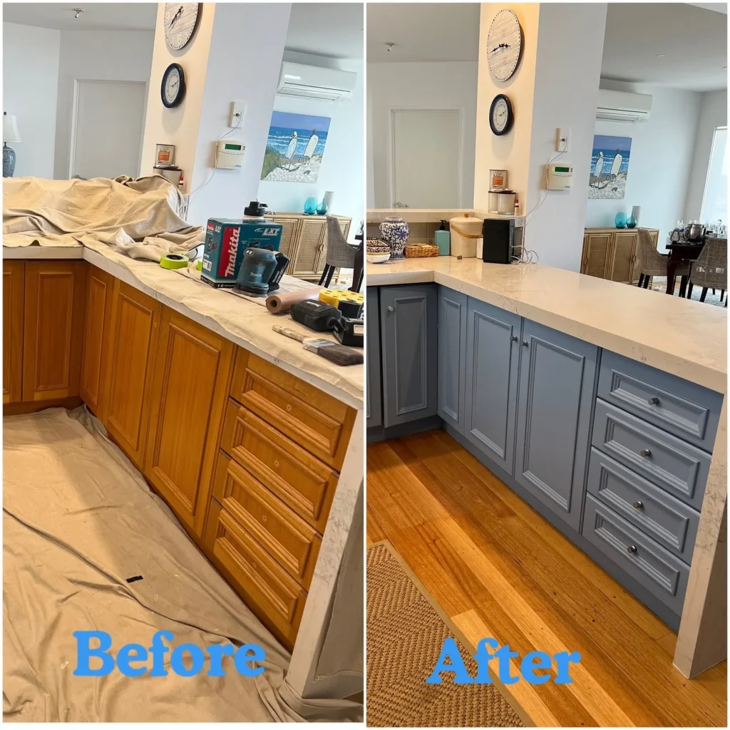 Full kitchen cabinet repaint before and after brown timber to steel blue Fairhaven Painting