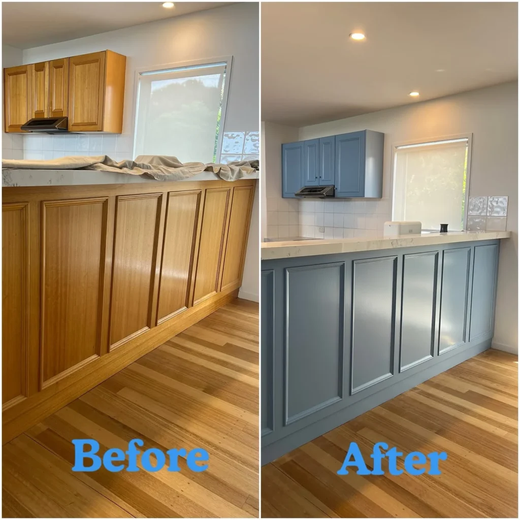 Kitchen cabinet painting before and after timber brown to blue-grey Fairhaven Painting