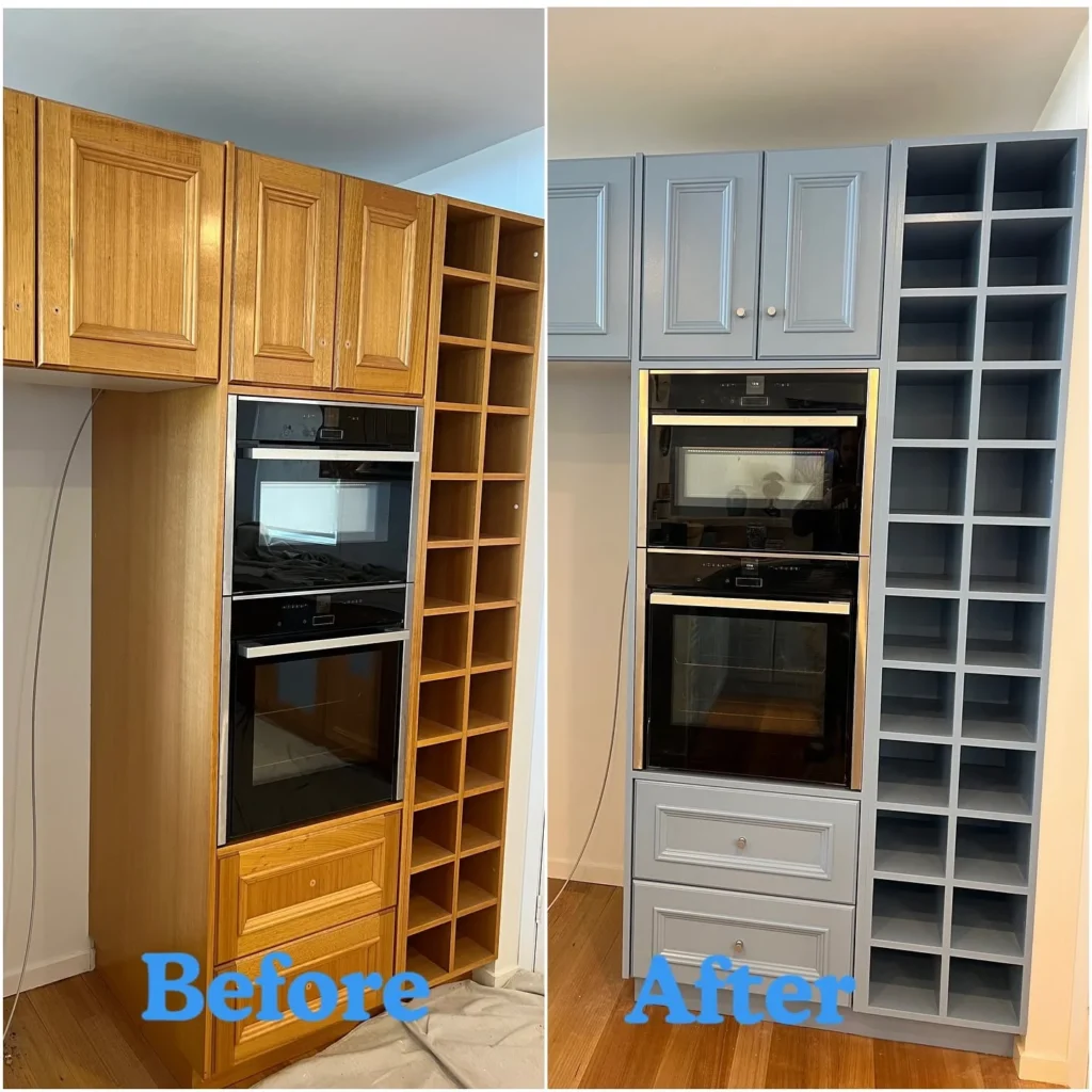 Oven tower and wine rack cabinet painting before and after Fairhaven Painting