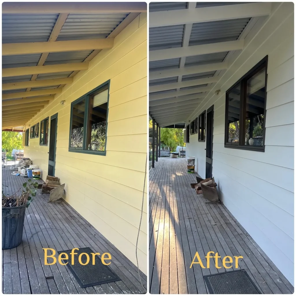 Weatherboard exterior painting colour change before and after yellow to white Fairhaven Painting