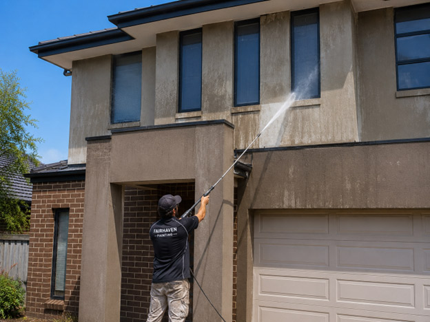 "Pressure washing west-facing elevation of brick veneer home in Grand Lakes Lara before exterior repaint — removing dust contamination and chalk residue"
