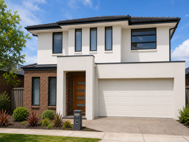 "Completed exterior repaint of double-storey brick veneer home in Grand Lakes Estate, Lara - Dulux Weathershield system, warm white body with charcoal trims"